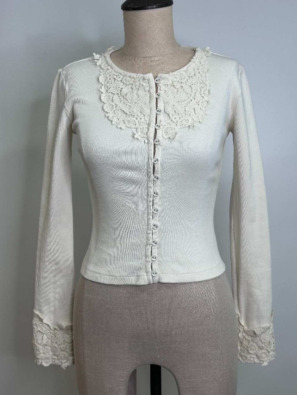 NWOT EDIT by Jason Wu Cream Lace Trim Ribbed Knit Cardigan XS